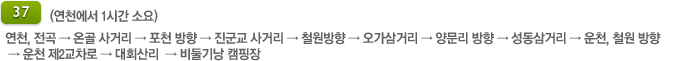 37번 국도(연천에서 1시간 소요)
				    연천, 전곡 &rarr; 온골 사거리 &rarr; 포천 방향 &rarr; 진군교 사거리 &rarr; 철원방향 &rarr; 오가삼거리&rarr; 양문리 방향 &rarr; 성동삼거리 &rarr; 운천, 철원 방향 &rarr; 운천 제2교차로 &rarr; 대회산리 &rarr; 비둘기낭 캠핑장